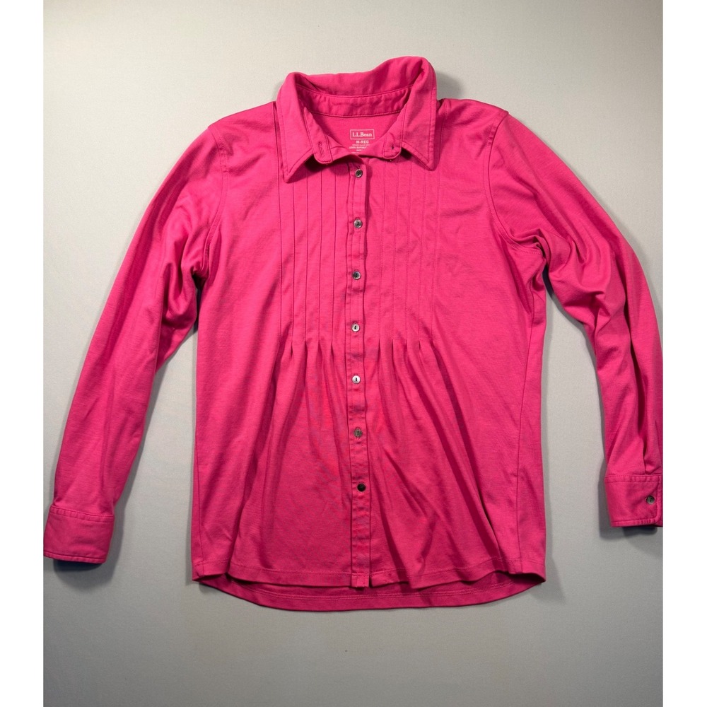LL Bean Pink Supima Cotton Pintuck Button Down Shirt Womens M-REG Long Sleeve